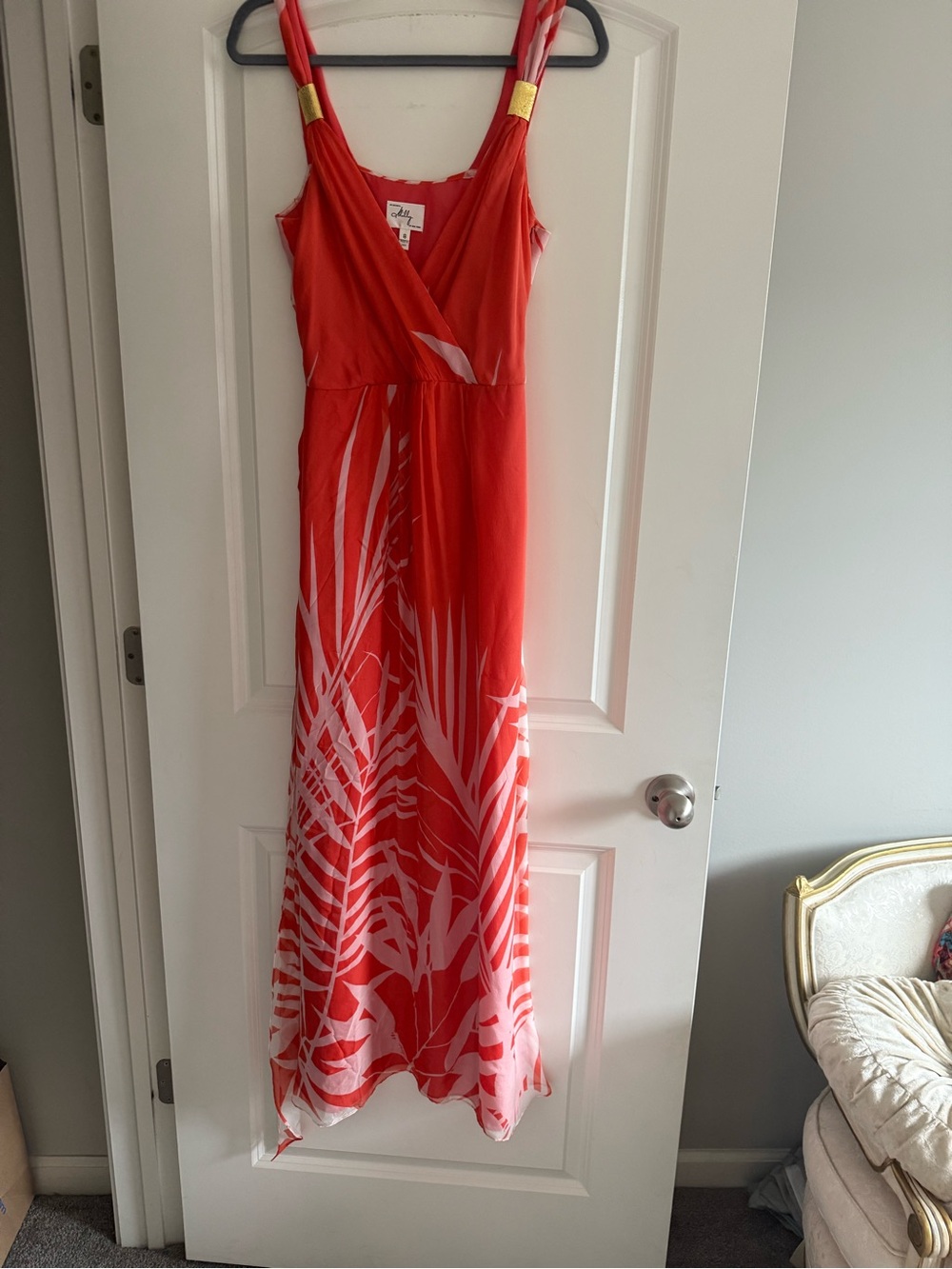 Vintage Milly of New York Silk Orange & White Palm Leaf Maxi Dress Size 8